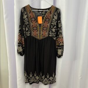 Johnny Was Black and Multicolor Embroidered Dress